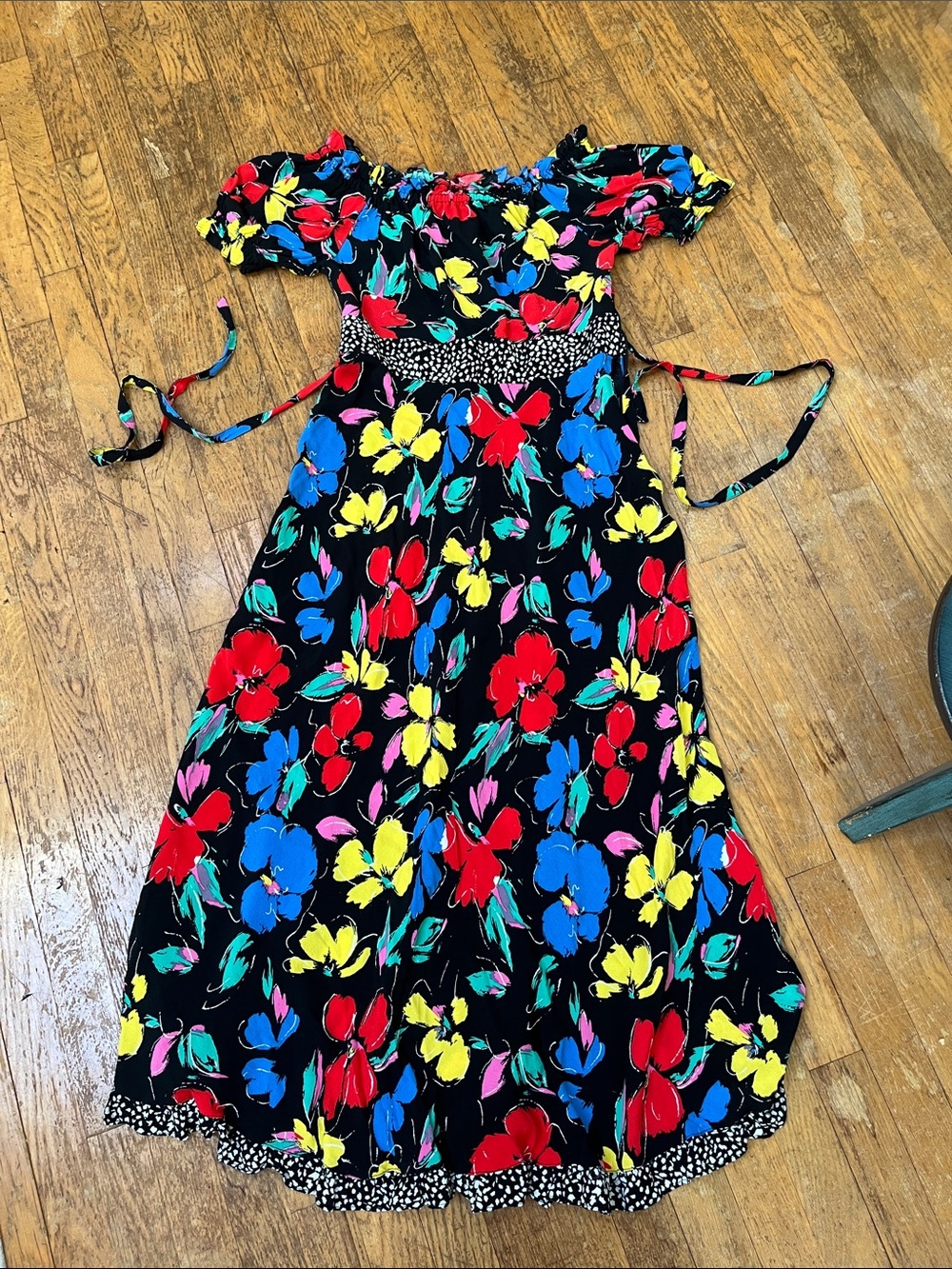 RIXO Black Off-Shoulder Maxi Dress with Red, Blue, Yellow & Pink Florals